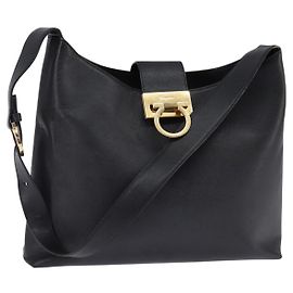 Borsa a Spalla Gancini in Pelle Nera e Oro Auth 144644 di Salvatore Ferragamo