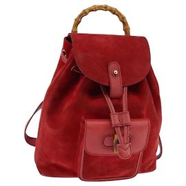 Mochila de Cuero Suede GUCCI Bamboo Roja Dorada 003 8030 Auth gh770