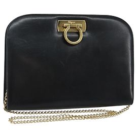 Borsa a spalla in pelle Gancini Chain di Salvatore Ferragamo Nero Oro Auth 143759