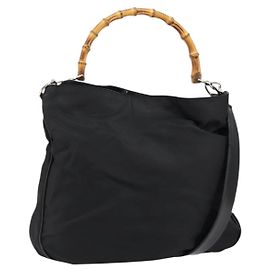 Gucci Bamboo Handtasche Nylon 2-Wege Schwarz Silber 001 2404 1577 Auth gh771