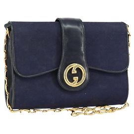 Borsa a spalla in tela GG Gucci con catena Horsebit PVC blu navy oro Auth 152956