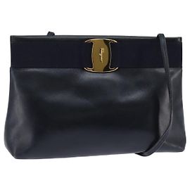 Borsa a Spalla Salvatore Ferragamo Vala in Pelle Blu Navy Oro Auth 148321