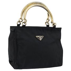 PRADA Handtasche aus Nylon Schwarz Gold Auth yk19626