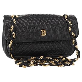 BALLY Borsa a Spalla in Pelle Trapuntata con Catena Nero Oro Auth 153938