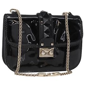 VALENTINO Borsa a spalla con catena e borchie Smalto Nero Argento Auth bs31222
