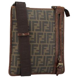 Borsa a Spalla in Tela Zucca FENDI PVC Nero Marrone Auth am9623