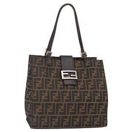Borsa Tote Mamma Baguette in Tela Zucca FENDI Nera e Marrone Auth 147540