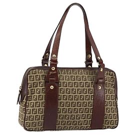 FENDI Zucchino Canvas Tote Bag Brown Gold Auth 146282