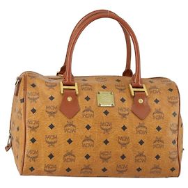 Borsa Boston MCM Logogram Vicetos in pelle PVC marrone e oro Auth 153065