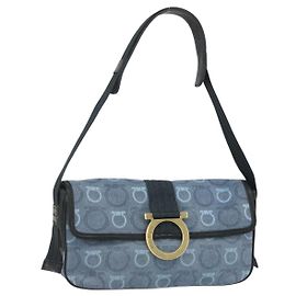 Borsa a Spalla Gancini in Tela Blu Oro Salvatore Ferragamo Auth bs31443