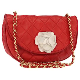 CHANEL Borsa a Spalla con Catena Matelassé Camelia in Pelle di Agnello Rossa Oro CC Auth 154769