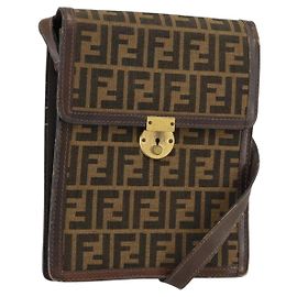 Borsa a Spalla in Tela Zucca FENDI Nera Marrone Auth ar13781