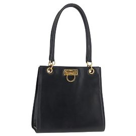 Bolsa de Ombro Gancini em Couro Salvatore Ferragamo Azul Marinho Dourado Auth 148175