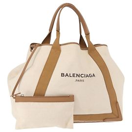 Borsa Cabas Navy Balenciaga in tela e pelle beige chiaro argento 339936 Auth gh1160