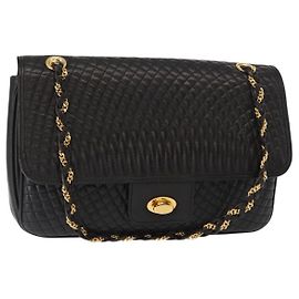 BALLY Ketten-Schultertasche Leder Schwarz Gold Auth 156131