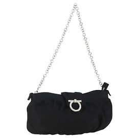Borsa a Spalla Gancini Chain Salvatore Ferragamo Satin Nero Argento Auth 156969V