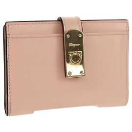 Tarjetero de cuero Gancini Salvatore Ferragamo Rosa Dorado Auth am10013V