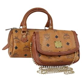 MCM Logogram Vicetos Hand Bag PVC Leather 2 Set Brown Gold Auth mr1553