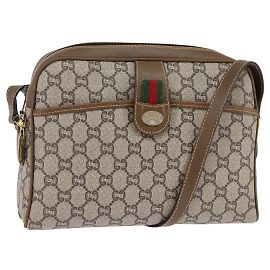 GUCCI GG Plus Supreme Web Sherry Line Schultertasche PVC Beige Gold Auth gh909