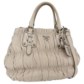 PRADA Geraffte Handtasche aus Leder 2 in 1 Beige Silber Auth yk19545 - Prada