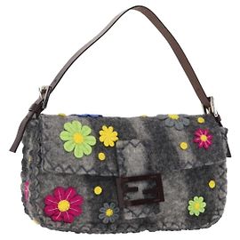 Borsa a Spalla FENDI Mamma Baguette Floral in Feltro Grigio Argento Autentica 157450SM