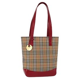 BURBERRY Nova Check Tote Bag aus Canvas und Leder Beige Rot Gold Auth gh1367