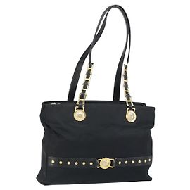 Borsa Tote Gianni Versace in nylon nero e oro Auth BA8787