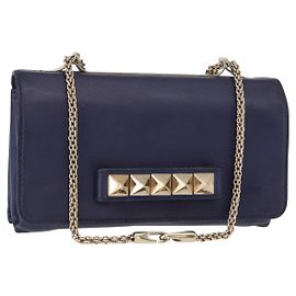 VALENTINO Borsa a Spalla in Pelle con Catena e Borchie Blu Navy Oro Auth BA8756