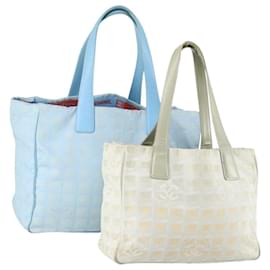 CHANEL Neue Reisekollektion Tote Bag Nylon 2 Set Blau Beige CC Auth BA8965