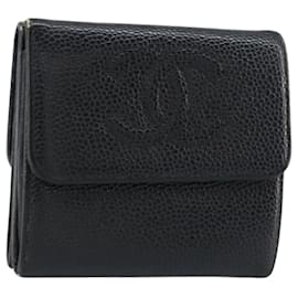 Portafoglio CHANEL in pelle caviar nera con CC dorato Auth fm4996