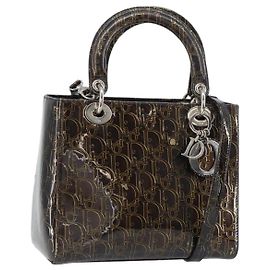 Bolso de mano de lona Trotter Christian Dior esmalte 2 en 1 marrón plata auténtico yk20020