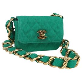 CHANEL Mini Matelassé 11 Borsa a Spalla Catena Tela Verde Oro CC Auth 158908SM