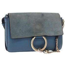 Chloé Chloe Fay Schultertasche aus Wildleder Blau Gold Auth BA8910