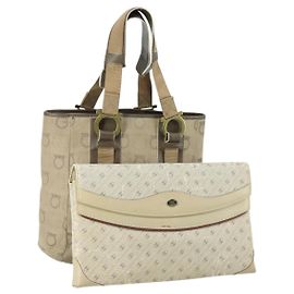 Bolsa clutch em canvas PVC Salvatore Ferragamo Gucci 2 peças bege Auth BA8691
