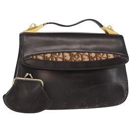 Borsa a mano in tela Trotter Christian Dior in pelle marrone e oro Auth 156377