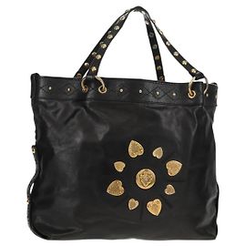 Borsa Tote in pelle nera e oro GUCCI 211959 Auth BA8823