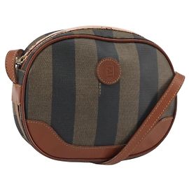 Borsa a Spalla in Tela Pecan FENDI PVC Nero Marrone oro Auth 155395