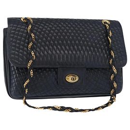 BALLY Borsa a Spalla a Catena Pelle Blu Navy Oro Auth 156485