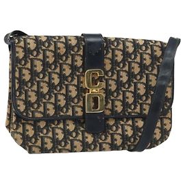 Borsa a Spalla in Tela Trotter Christian Dior Blu Navy Oro Auth 158813