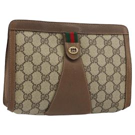 GUCCI GG Supreme Web Sherry Line Clutch Bag PVC Beige Oro 89 01 032 Auth 153730