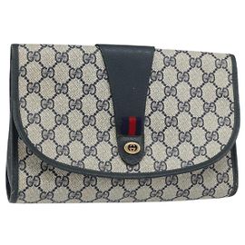 GUCCI GG Supreme Sherry Line Clutch Bag PVC Blu Navy Oro 156 01 030 Auth 156429