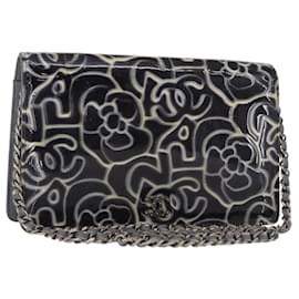 CHANEL Kamelie COCO Marken Kettenbörse Lackleder Grau Silber CC Auth 159748