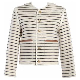 Céline Gestreifte Jacke aus Baumwolle und Leinen Creme Navy