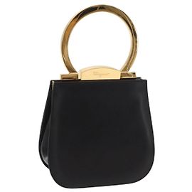 Borsa a mano Gancini in pelle nera e oro Salvatore Ferragamo Auth 159266V