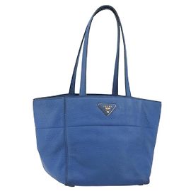 PRADA Tote Bag aus Vitello Dino Leder Blau Gold Auth 158702