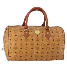 Borsa Boston MCM Logogram Vicetos in pelle PVC marrone e oro Auth 153190