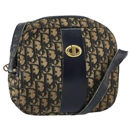 Borsa a Spalla in Tela Trotter Christian Dior Blu Navy Oro Auth 160817