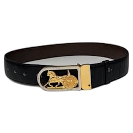 Schwarzer Leder-Gürtel mit Vintage Celine Paris Wagenlogo - Céline