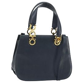Bolso de mano de cuero Gancini Salvatore Ferragamo 2 en 1 Marino Oro Auth 157237