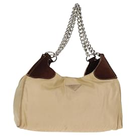PRADA Borsa a Spalla con Catena Nylon Beige Argento Auth 160872